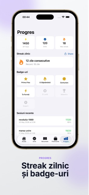 Streak zilnic și badge-uri în BacIstorie